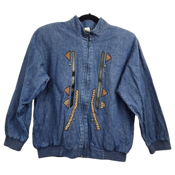 Unbranded Jackets & Blazers - Denim Jacket Vtg Womens Sz S Faux Leather & Animal Print Applique Studs Zip Up